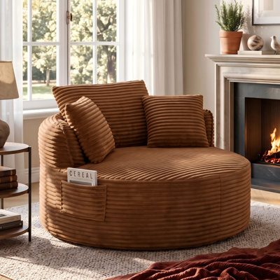 53.5" Oversized Round Chaise Lounge Chair Indoor, Comfy Corduroy Upholstered Boneless Couch with Pillow, No Assembly Required, Deep Seat Lounge Floor Compression Sofa Chair for Living Room, Apartment