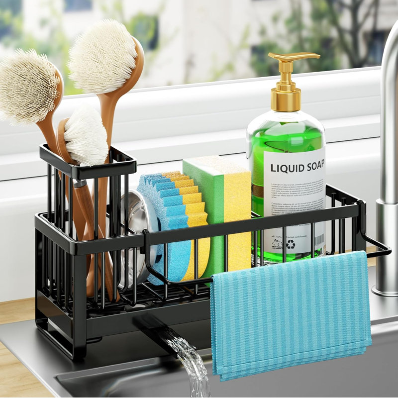 Sponge Holder for Kitchen Sink - Self-draining Sink Caddy with Brush and Dishcloth Holders, Stainless Steel