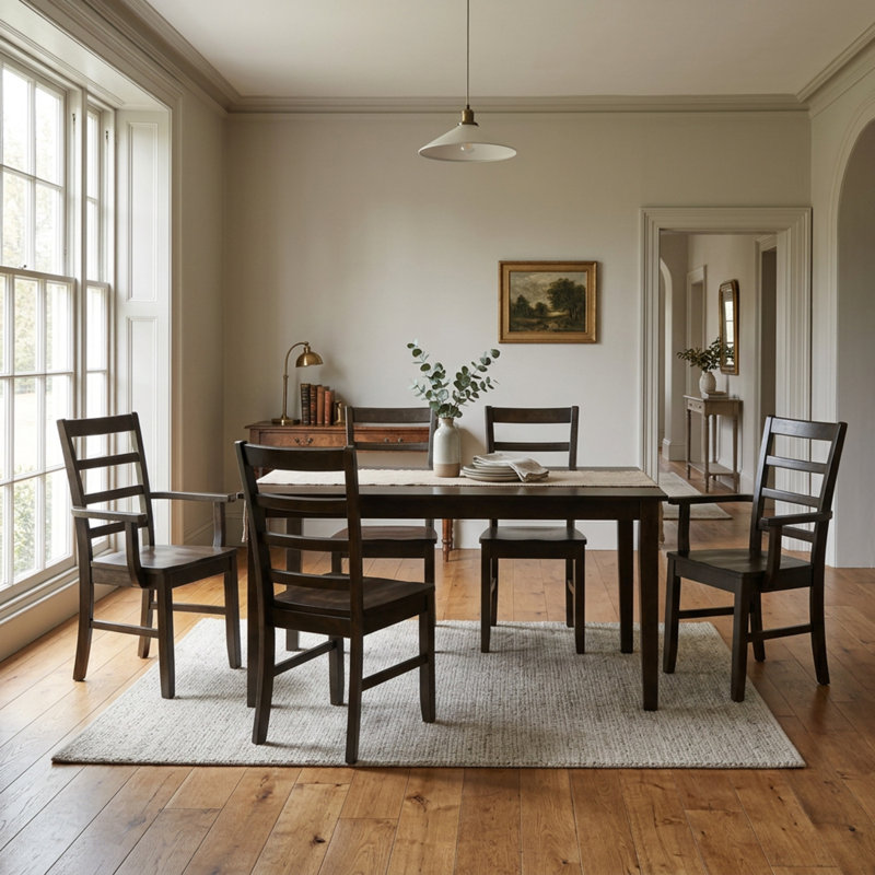 Ensemble table et chaises de salle à manger rectangulaires en bois massif couleur cappuccino, avec 6 chaises en bois massif.