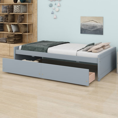 Solid Rubber Wood Bed With Two Built-In Drawers