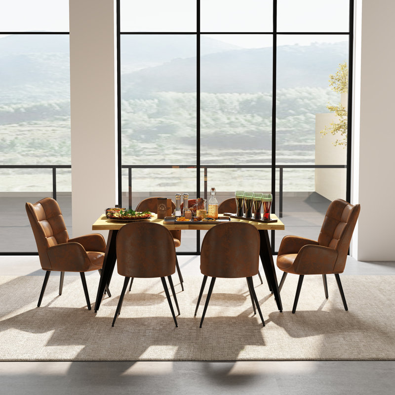 Ensemble de table de salle à manger Shivani Elegant 7 pièces 63 po avec chaises rembourrées pour cuisine, Chêne clair, Brun