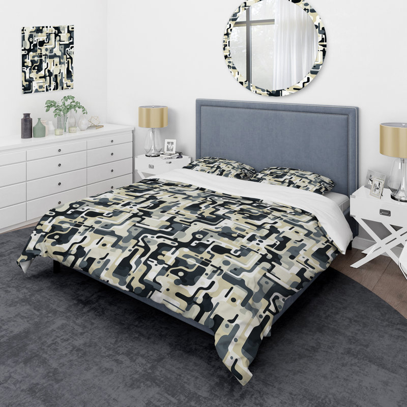 Ensemble de housse de couette beige et gris Urban Maze, Housse de couette pour grand lit et 2 taies décor
