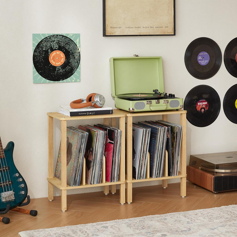 Bamboo Record Player Stand With 2-Tier Vinyl Storage For Up To 100 Albums, Multi-Functional Display Shelf And End Table For Living Room Or Bedroom