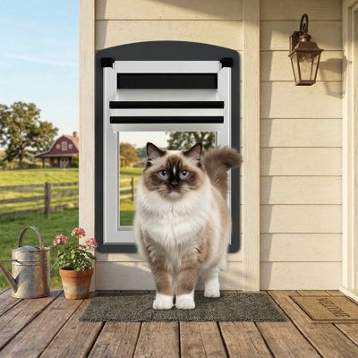 Wall-Mountable Cat Door, Steel Frame, Expandable Tunnel, Dual Magnetic Flaps, 2 Security Lock Panels, Compact, Gray