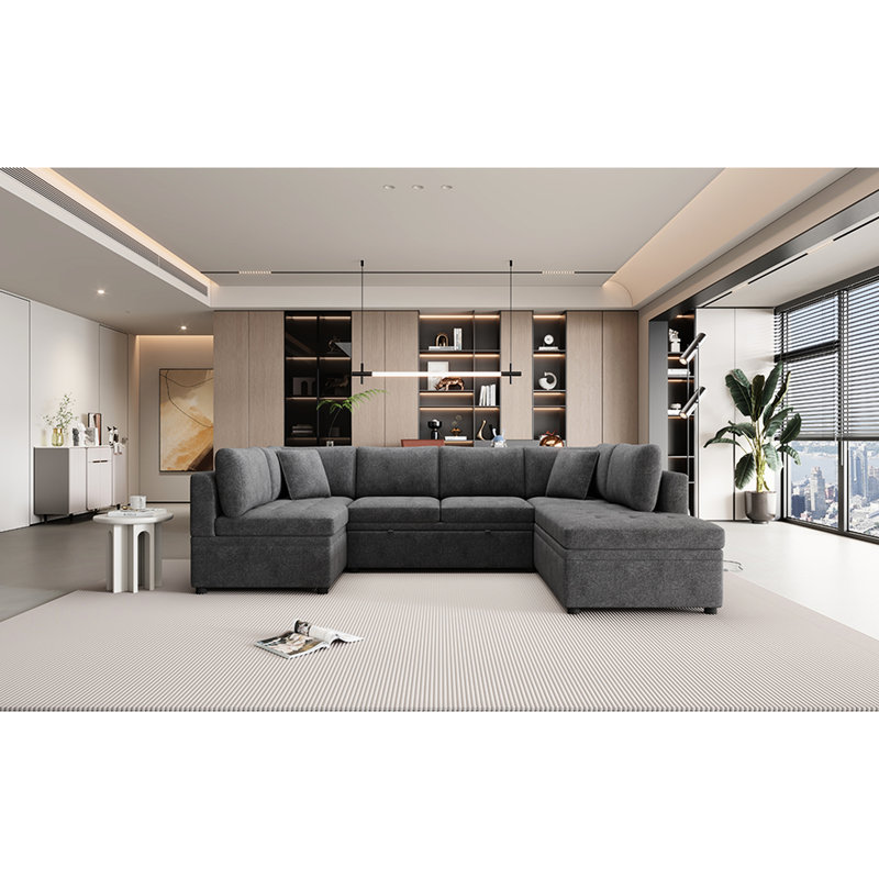 Lit de salon en forme de U de 117,3 po de couleur grise. Design convertible, grand siège, revêtement confortable, structure et coussins modulaires gris avec option lombaire escamotable. Spacieux,