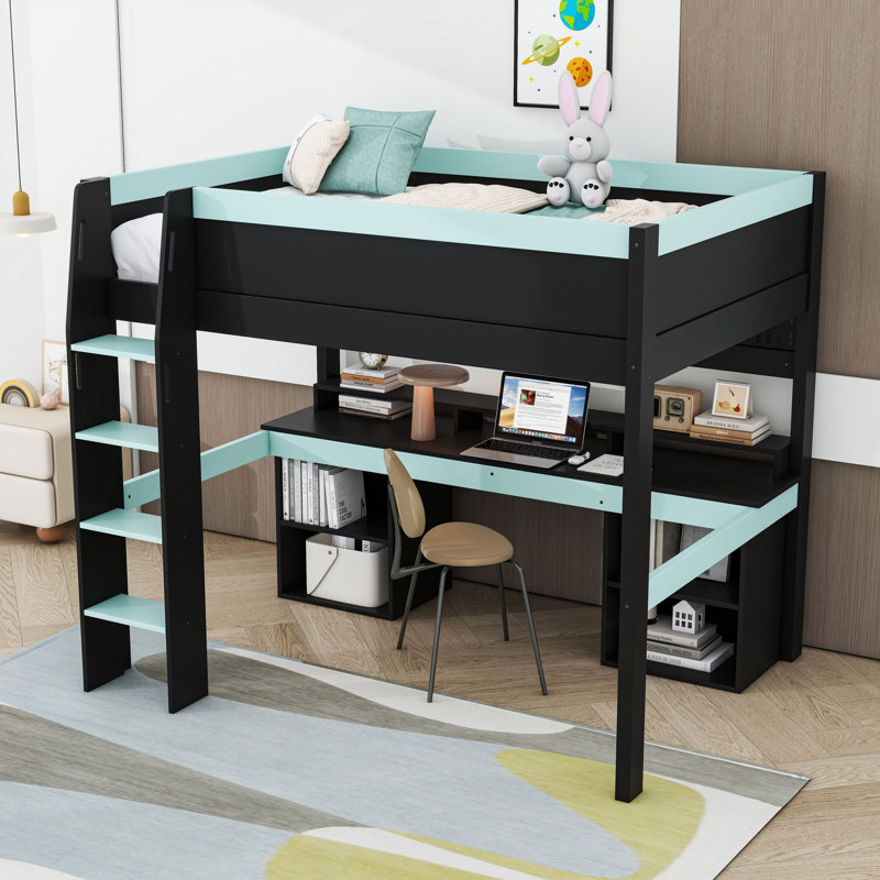 Full Wooden Loft Bed with Built-in-Desk, Storage Shelves, Pegboard and Multicolor LED Lights, Noir-bleu