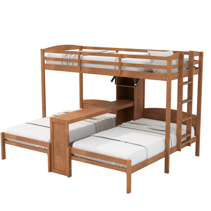 Lit superposé avec bureau intégré et tablettes de rangement, Naturel