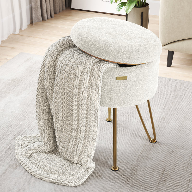 Modern Round Storage Ottoman Side Table, Gold, White boucle 