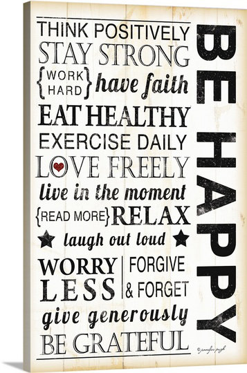 «Be Happy» par Jennifer Pugh, art textuel, H 24 po x l 16 po x P 1,5 po, Toile