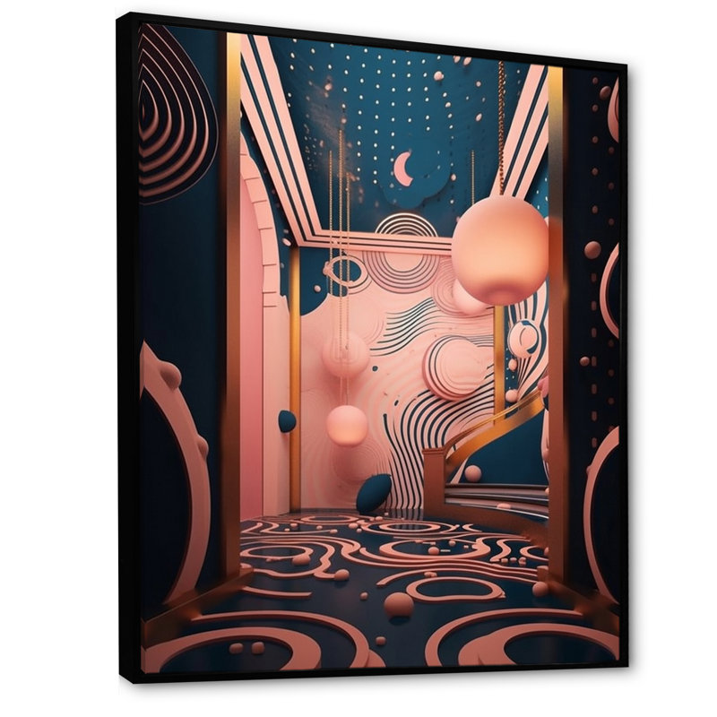 «Futur Folklore Minimal Retro Architecture», reproduction d'art sur toile, Cadre flottant noir, H 40 po x l 30 po x P 1,5 po