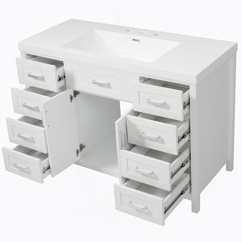 Meuble-lavabo de salle de bain avec lavabo, plusieurs tiroirs et portes de rangement, système de fermeture en douceur, conception classique, idéal pour un usage domestique