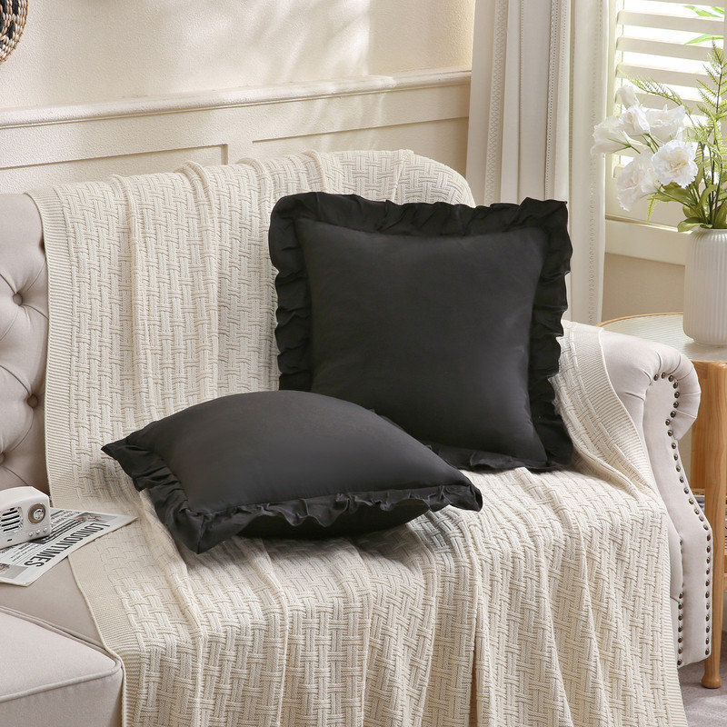 Black Pillowcases King Pillowcases Ruffled Pillow Shams Set of 2 Cute Pillowcases Solid Ruffled Fringe Design 2 Pack, Black