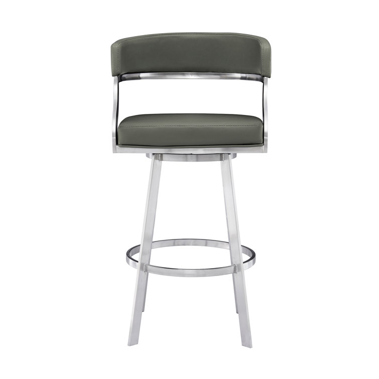 Dehn Modern Swivel Counter or Bar Height Barstool with Open Back and Footrest in Metal and Faux Leather