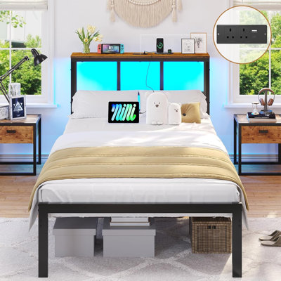 Bed Frame with Power Strip & LED Lights, Metal Platform Beds with Headboard, Stable and Sturdy, No Box Spring Needed