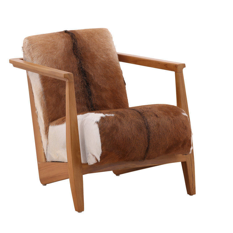 Doliver Teak Wood Upholstered Armchair, Brown/White Genuine Goat Hide, Natural