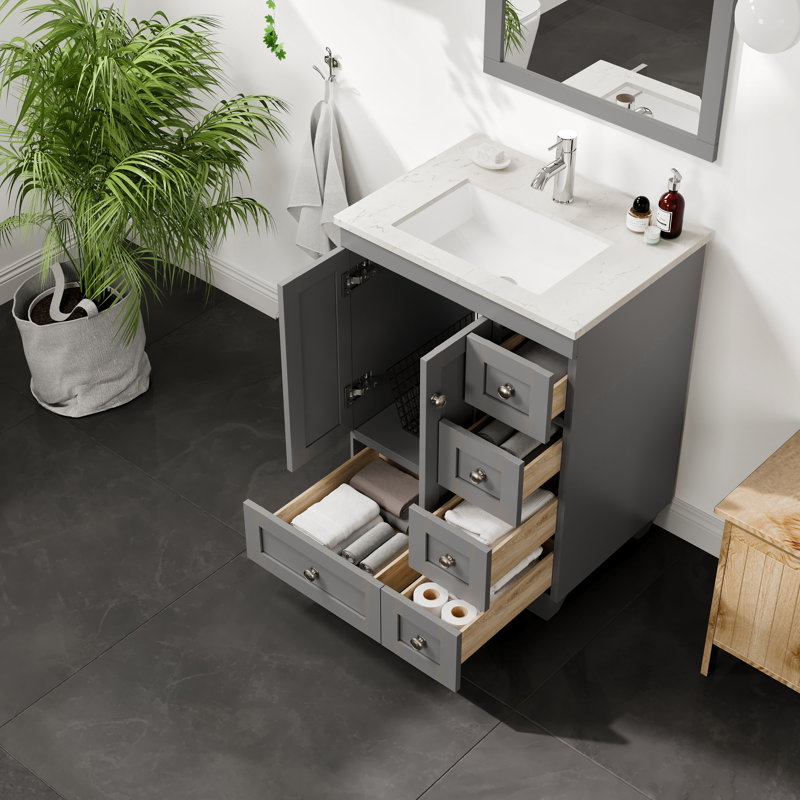 Curio 24"W x 18"D Bathroom Vanity with White Carrara Countertop and Undermount Porcelain Sink, Gray