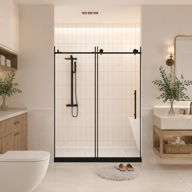 Porte de douche coulissante simple sans cadre l 56 à 60 po x H 76 po, verre trempé 1/4 po, noir mat
