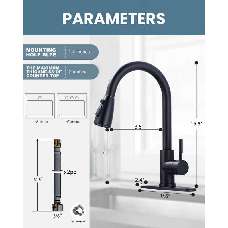 Robinet de cuisine en acier inoxydable à poignée simple avec capteur sans contact ARCORA, Noir mat