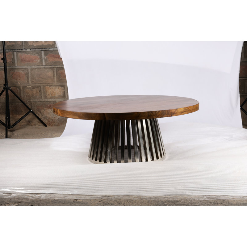 Table basse ronde en bois massif et en métal, un design distinctif, 43 pouces de profondeur, 2 hauteurs, couleur naturelle