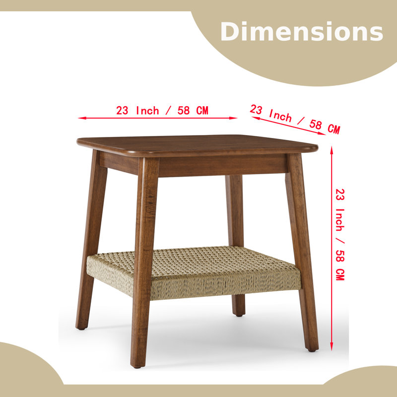 Table d'appoint Mid-Century Boho - 23 po avec tablette de rangement tissée, Noyer foncé