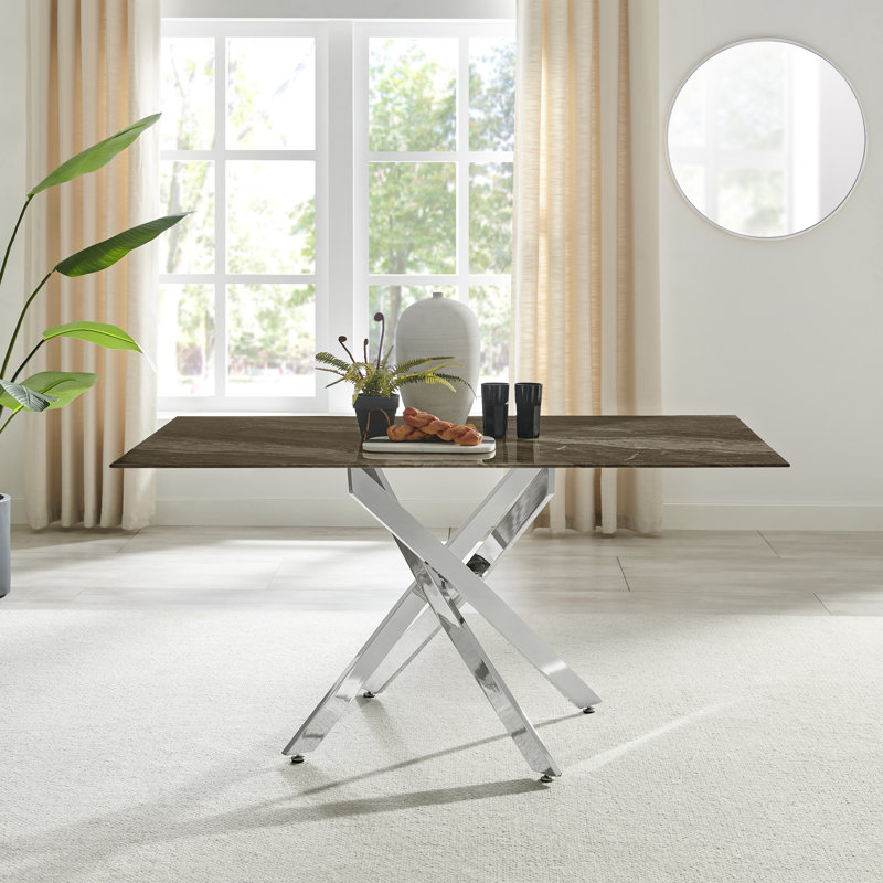 Chanden Luxury Marble Effect Glass 6 Seater Dining Table - Modern Statement Design, Silver, Gray