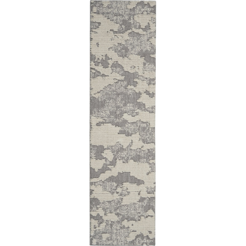 Tapis ivoire / gris en polyester tissé à la machine, Tapis de couloir 2 pi 2 po x 7 pi 6 po