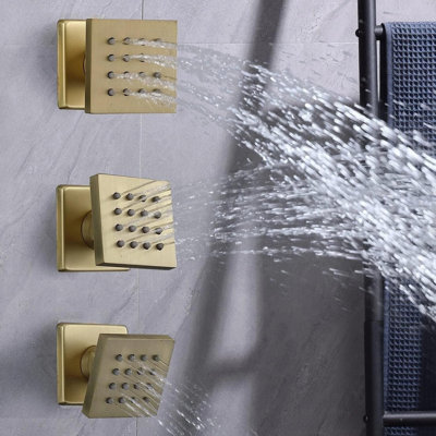 49cm&35cm LED Rain Brushed Gold Thermostatic Shower Faucet System 6 Body Sprays Jets Rain&Waterfall Head Combo Massage System Kit