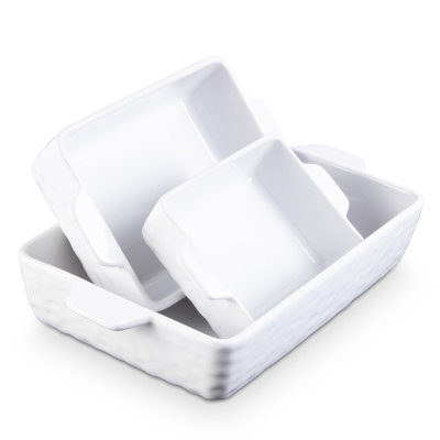 Baking Pans Set of 3, Ceramic Baking Dish with Handle, 12"/9"/7" Baking Dishes for Oven, White