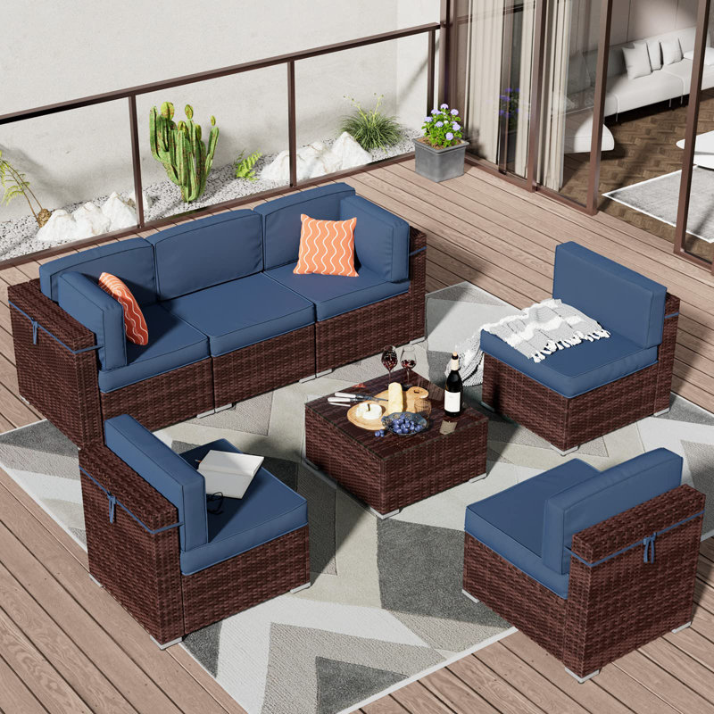 Wicker 6 - Person Modular Patio Conversation Set with Cushions, Navy Blue