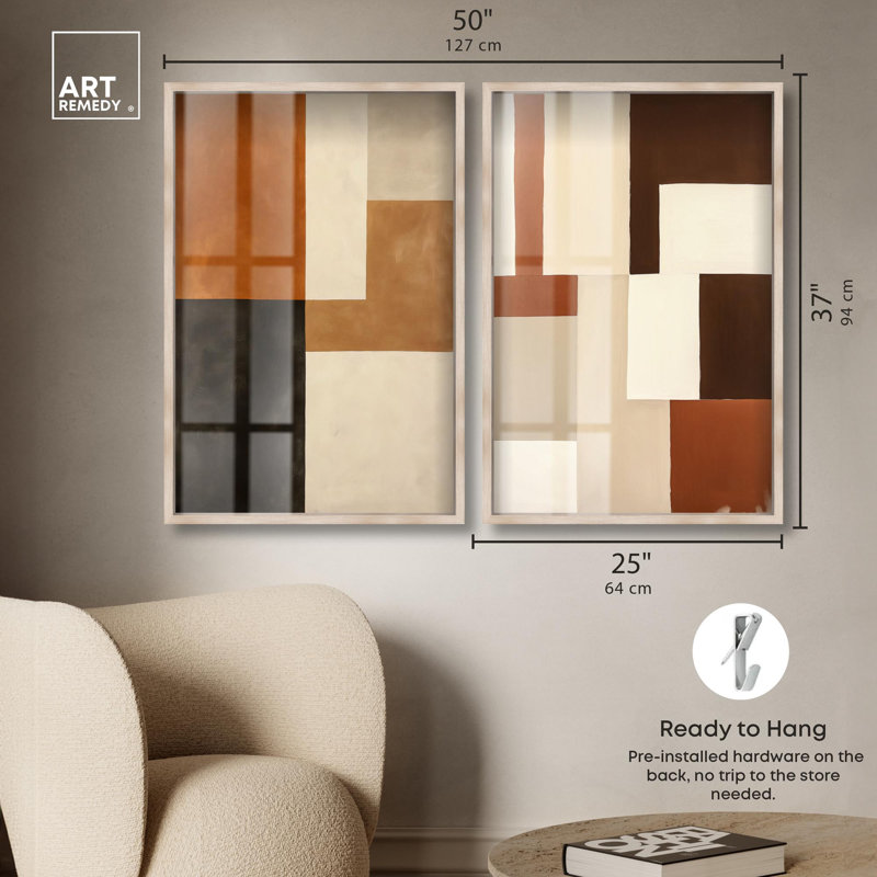Tonal Grid Duo Shadowbox Print Boho Gold Wall Decor Set by Art Remedy, Blonde Frame, 36 x 54, H 37 po x l 25 po, Blonde Frame