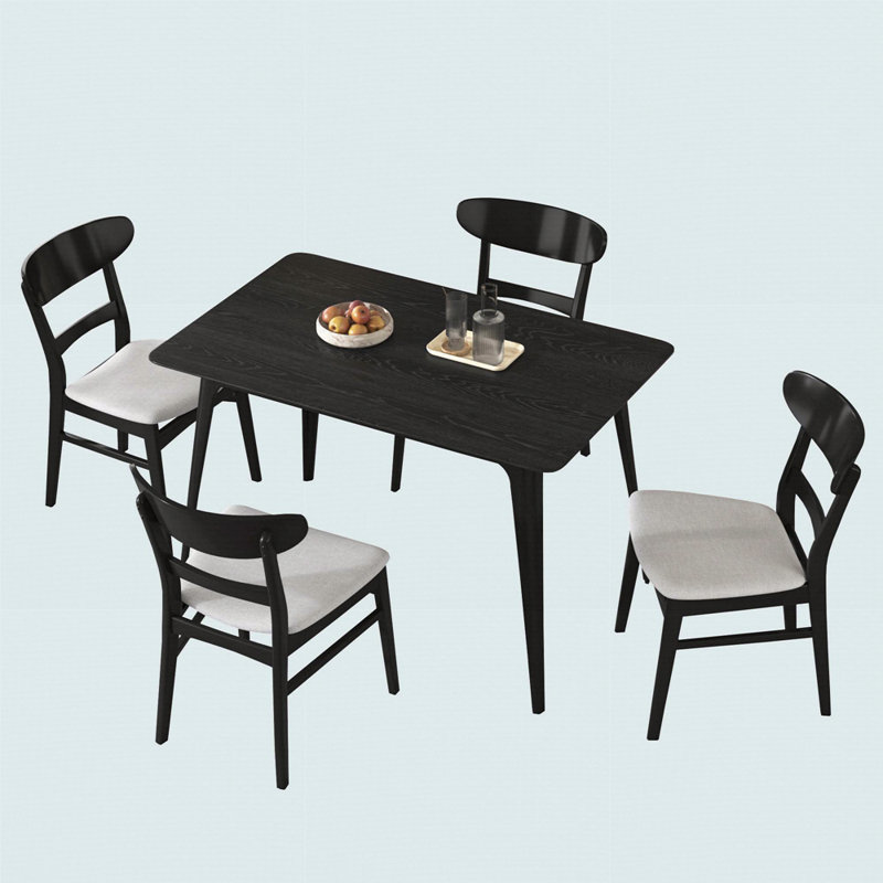 Ensemble de salle à manger 5 pièces de style Mid-Century moderne, structure en bois d'hévéa, une table et 4 chaises rembourrées, noir