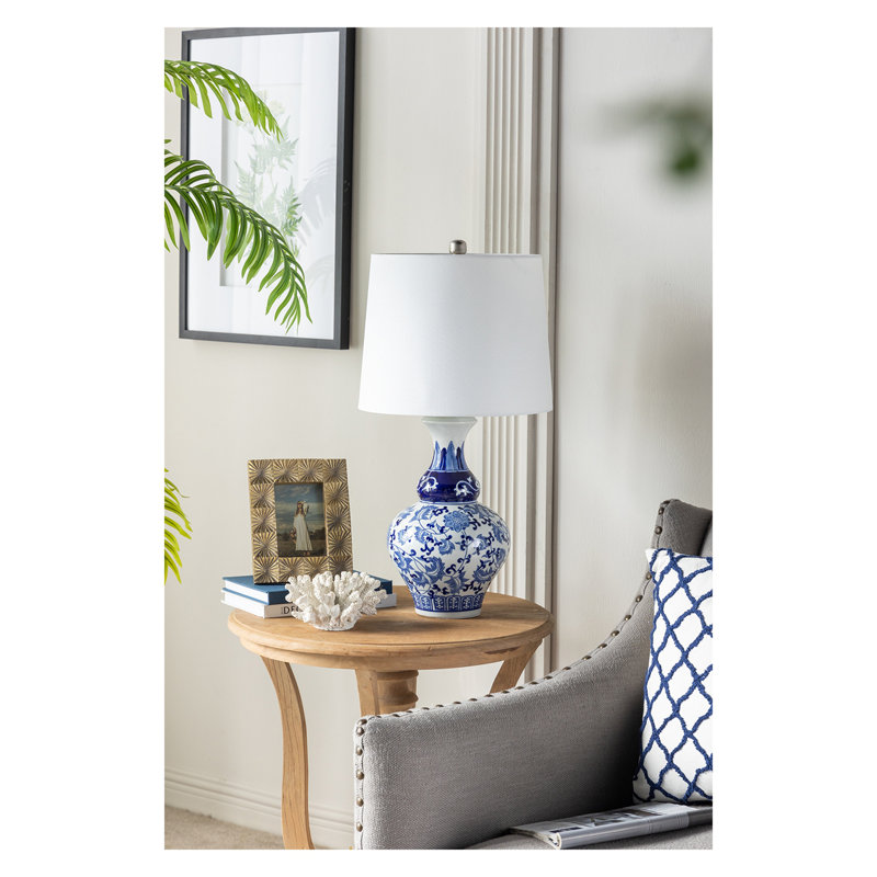 Lampe de vase ronde en céramique bleue et blanche D14x27,6 "