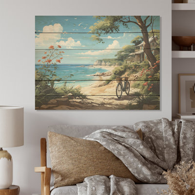 Turquoise Seaside Trek - Bicycle Wood Wall Art On Natural Pine Wood