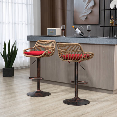 Moderne 2 tabourets de bar réglables rouges, avec repose-pieds pour la cuisine et la salle à manger, base en métal robuste, capacité de 250 lb, coussin de siège rembourré en lin, 2 tabourets pivotants, repose-pieds à hauteur de comptoir, solide