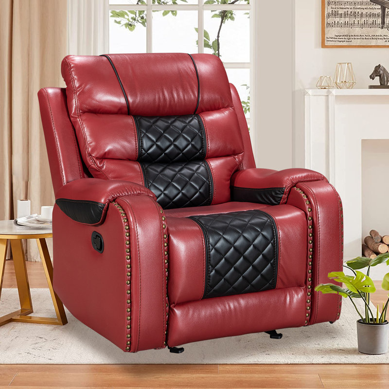 Ambridge Crovetti 35.8" Wide PU Leather Manual Rocker Recliner Chair with Diamond Stitching, Red/Black