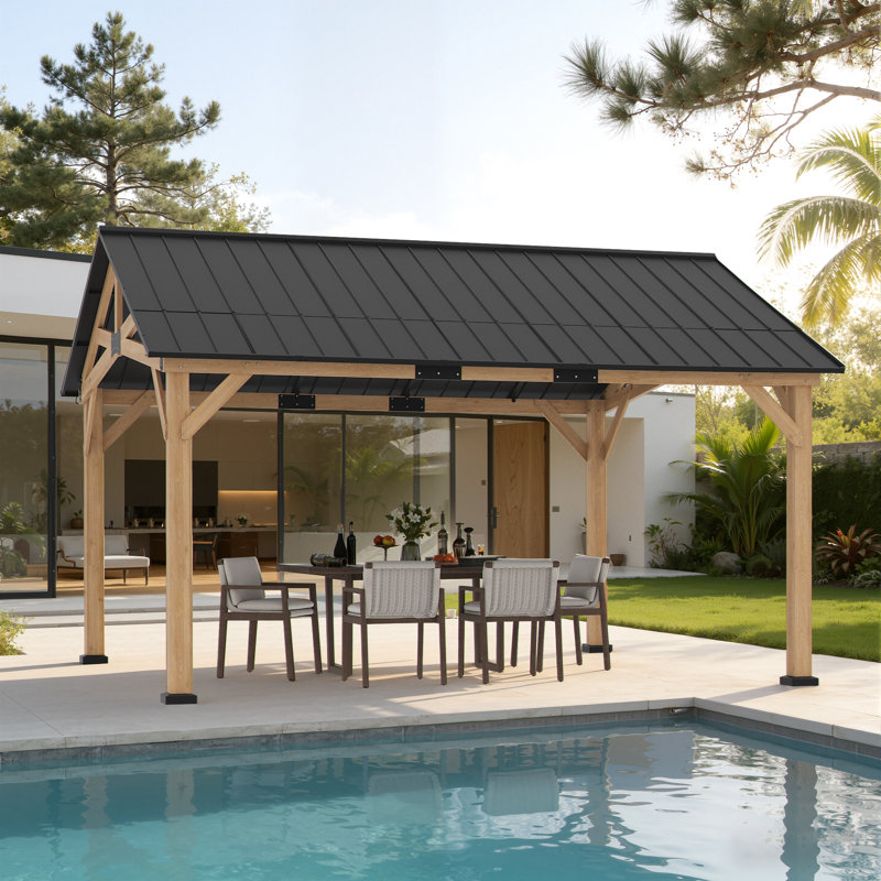 13 x 15 ft Cedar Wood Hardtop Gazebo with Gable Roof – Heavy-Duty Outdoor Pavilion for Patio, Garden & Backyard