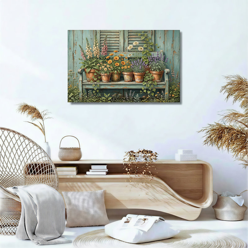 Ensemble de 1 tableau sur toile représentant un banc à motifs floraux, 28"H x 40"W, Toile tendue