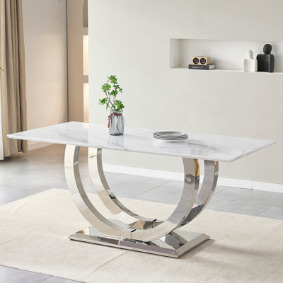 69.30" Rectangular Dining Table, Modern Simple, Marble Tabletop, MDF Tabletop, Stainless Steel Mirror Surface, Suitable For 4-6 People Marble Pattern, Silver Mirror.
