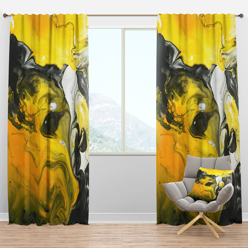 Yellow, White and Black Hand Painted Marbled Acrylic - Modern Velvet Curtain - 1 panel, 52"W x 120"L