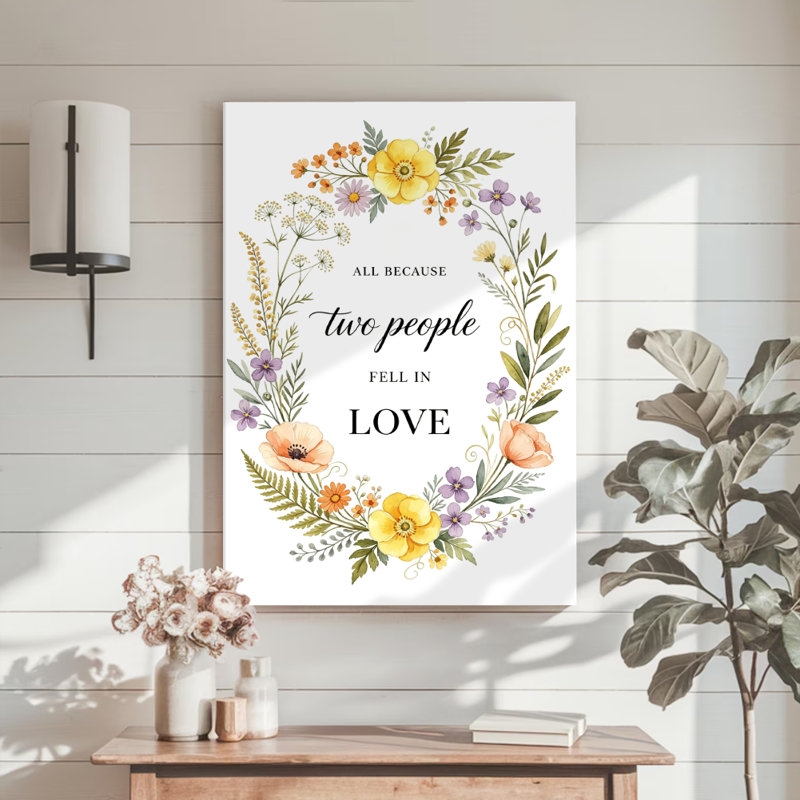 « Tout ça parce que deux personnes sont tombées amoureuses » - Couronne florale, aquarelle imprimée sur toile tendue - Rose