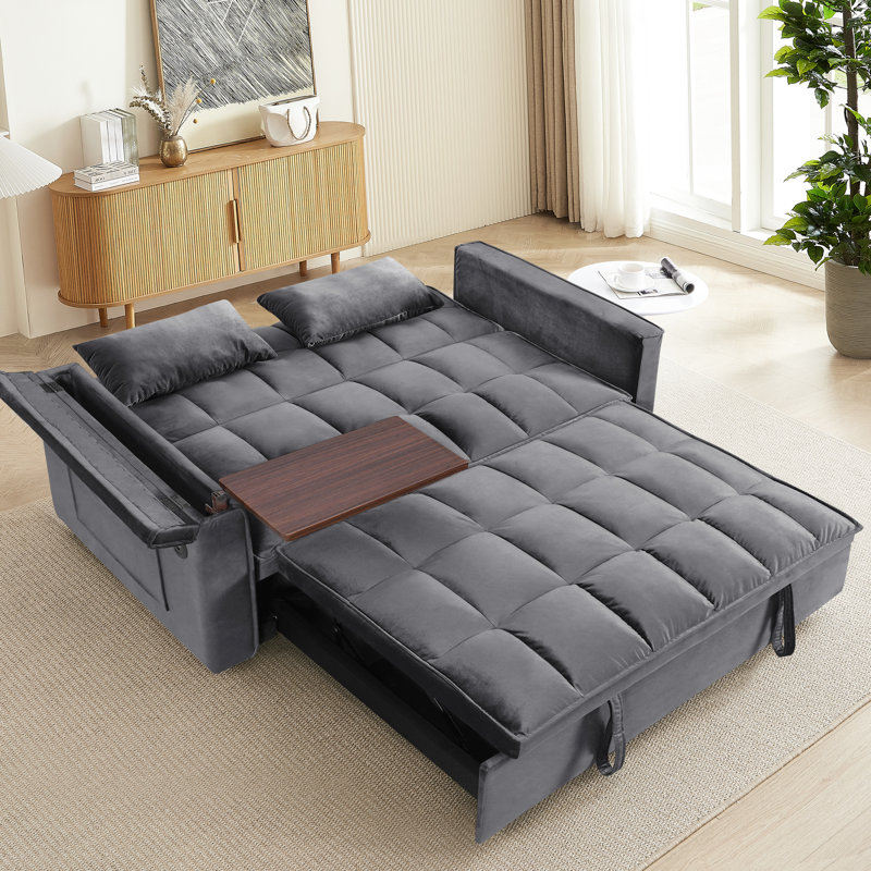 Lit en velours gris foncé, 31 pliable, dossier réglable, table d'appoint avec sac de rangement et coussins, coussins pliables pour un espace de vie confortable