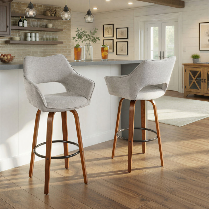 Sarah Fixed-Height Fabric Bar & Counter Stool with Bent Wood Legs & Round Footrest, Bar Stool (30" Seat Height)