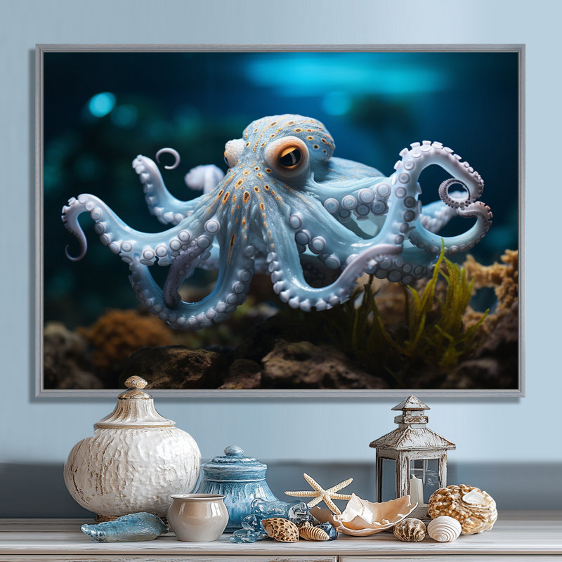 Blue Octopus Serene submersion - impression, H 30 po x l 40 po x P 1,5 po, Encadrement argenté