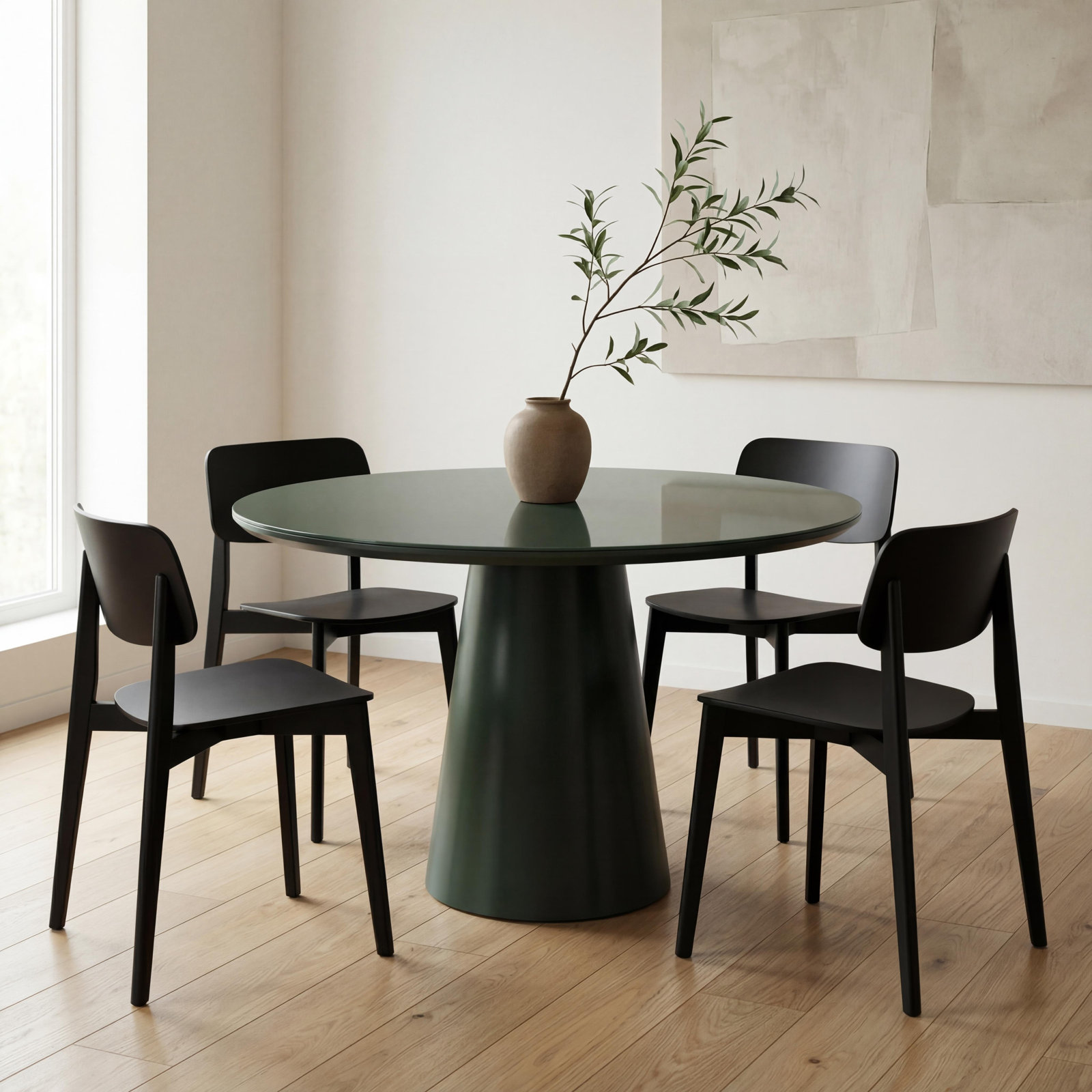 Burdon 47" Glass Top Pedestal Dining Table, Green