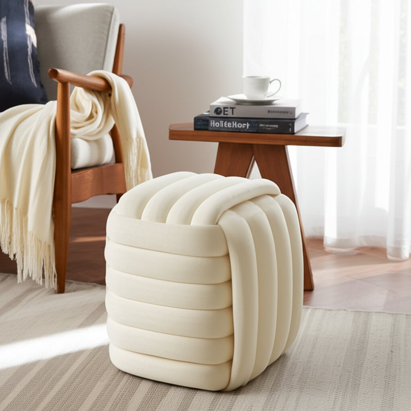 Tabouret d'appoint Modern Velvet Cube Knot, Crème, crème