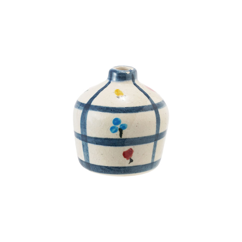 Hand-Painted Terra-Cotta Vase With Flowers And Grid Pattern In Crackle Glaze