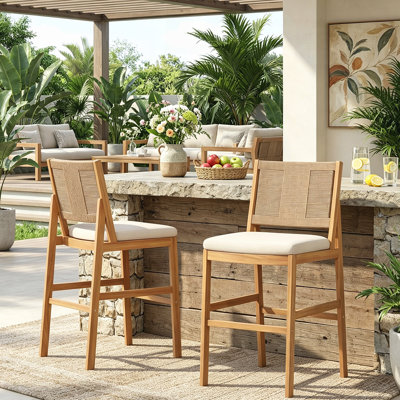 Ensemble de 2 tabourets de bar d'extérieur en bois d'acacia avec dossier en osier, parfait pour la terrasse et l'îlot de cuisine