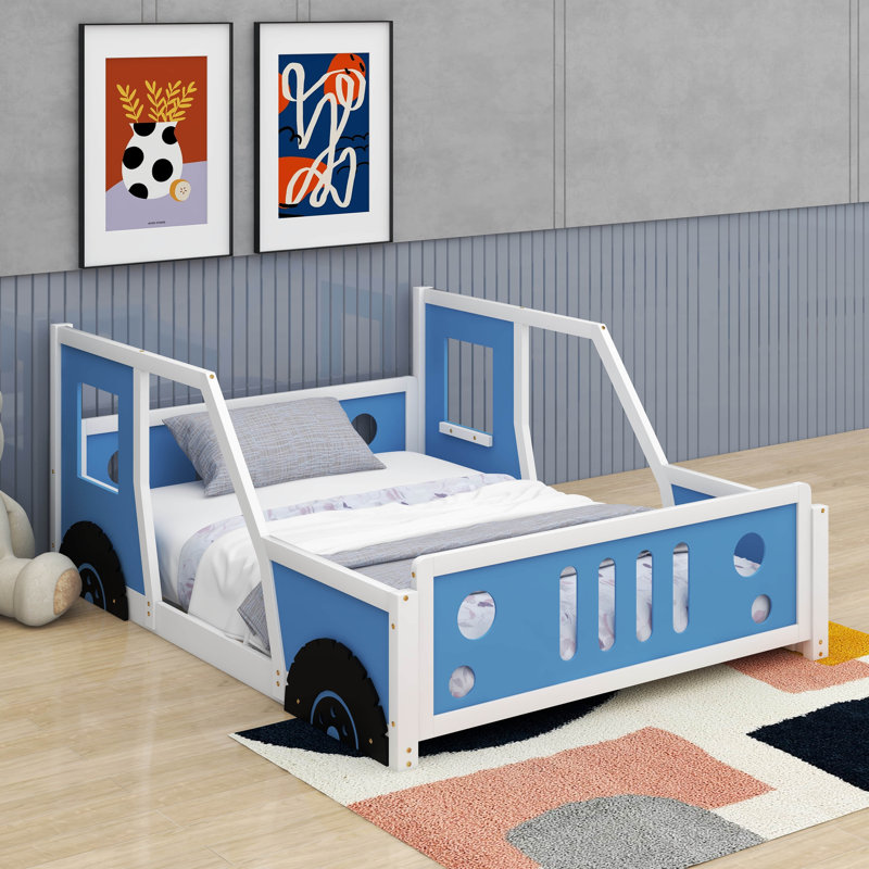 Lit plateforme double avec roulettes, Bleu