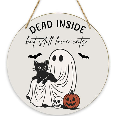 Dead Inside But Still Love Cats Halloween Sign, Funny Cat Lover Door Decor, Spooky Fall Welcome Sign for Front Door, Indoor & Outdoor Home Decoration, Halloween Party Wall Hanging