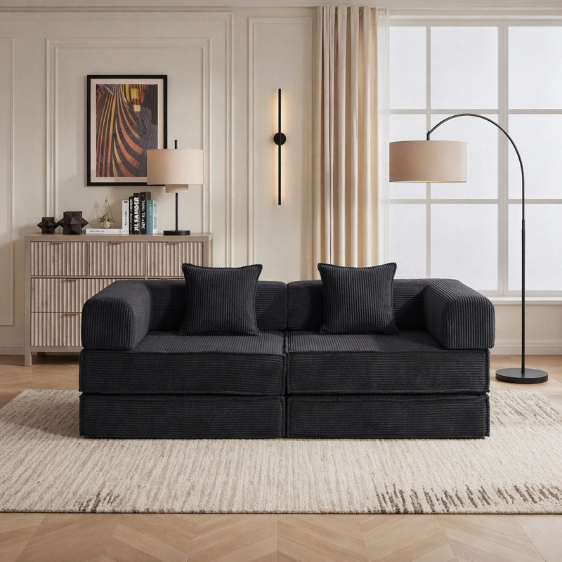 Canapé-lit convertible de 78 po, canapé modulaire en velours côtelé avec 2 coussins et canapé compact, Black